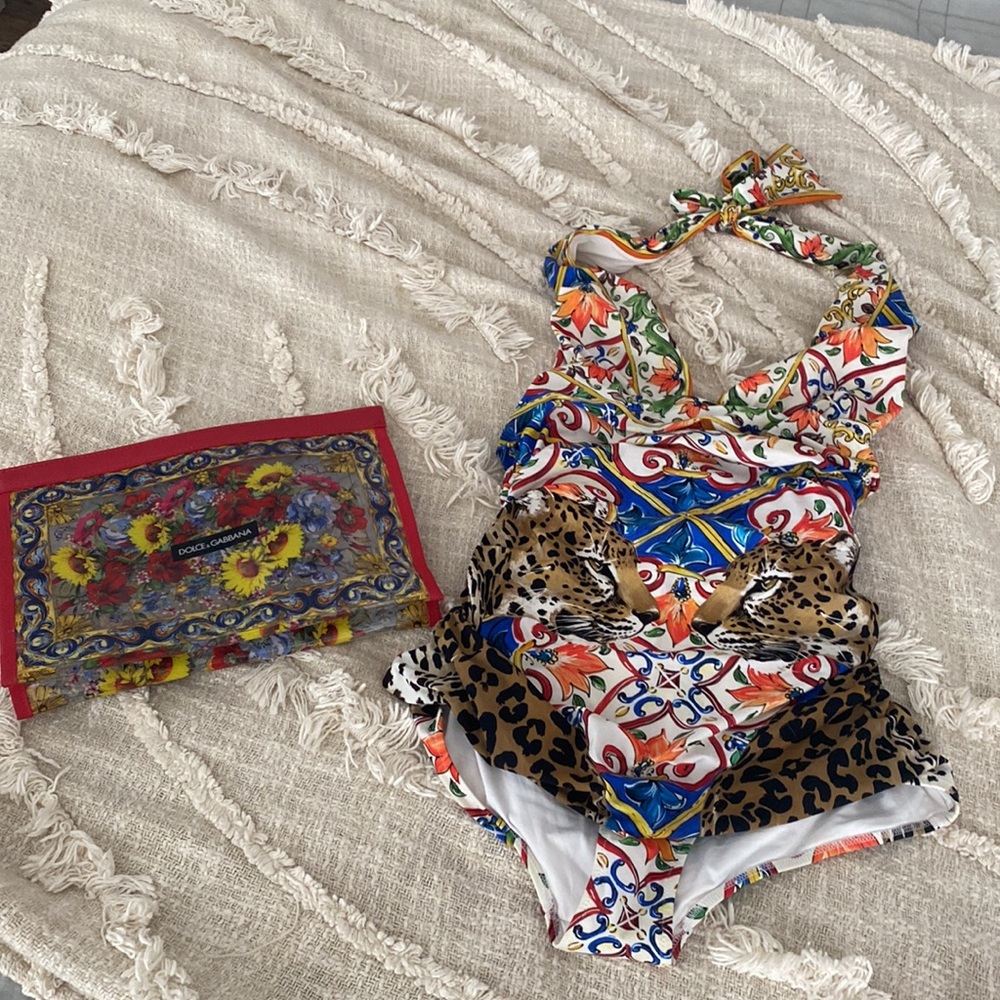 Dolce & Gabbana Multicolor Printed One-Piece Swimsuit with Leopard Accent